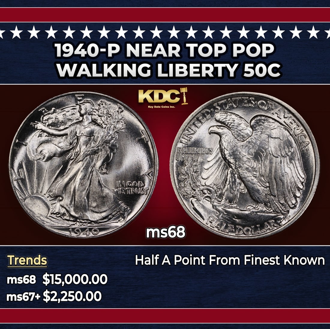 1940-p Walking Liberty Half Dollar Near Top Pop 50c ms68 SEGS: 1940-p Near Top Pop Walking Liberty Half Dollar 50c ms68 SEGS. Historic precious metal trends is causing increased spot pricing by the day. On auctions with set openings, we are doing our best to have