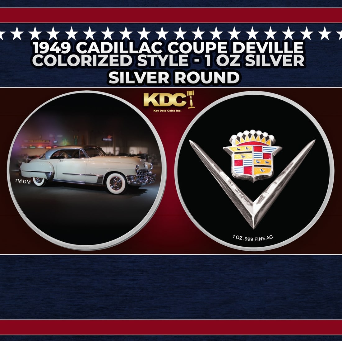1949 Cadillac Coupe DeVille Colorized Style - 1 oz Silver Round Round: 1949 Cadillac Coupe DeVille Colorized Style - 1 oz Silver Round. Now you can own this classic Cadillac on a 1oz colorized silver round. The front features a fully colorized photo and the reverse featu