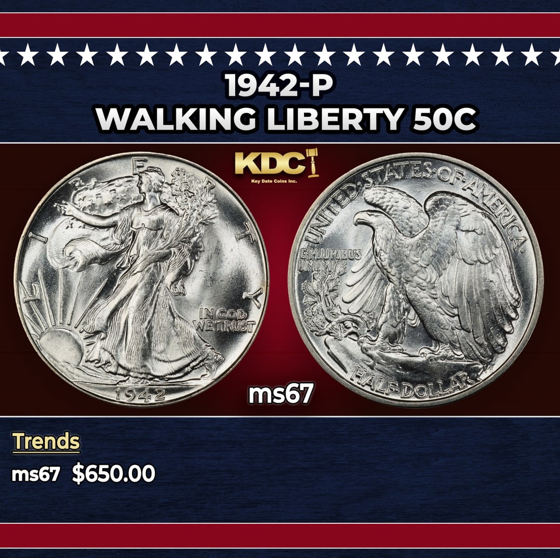 1942-p Walking Liberty Half Dollar 50c ms67 SEGS: 1942-p Walking Liberty Half Dollar 50c ms67 SEGS. Historic precious metal trends is causing increased spot pricing by the day. On auctions with set openings, we are doing our best to have items priced