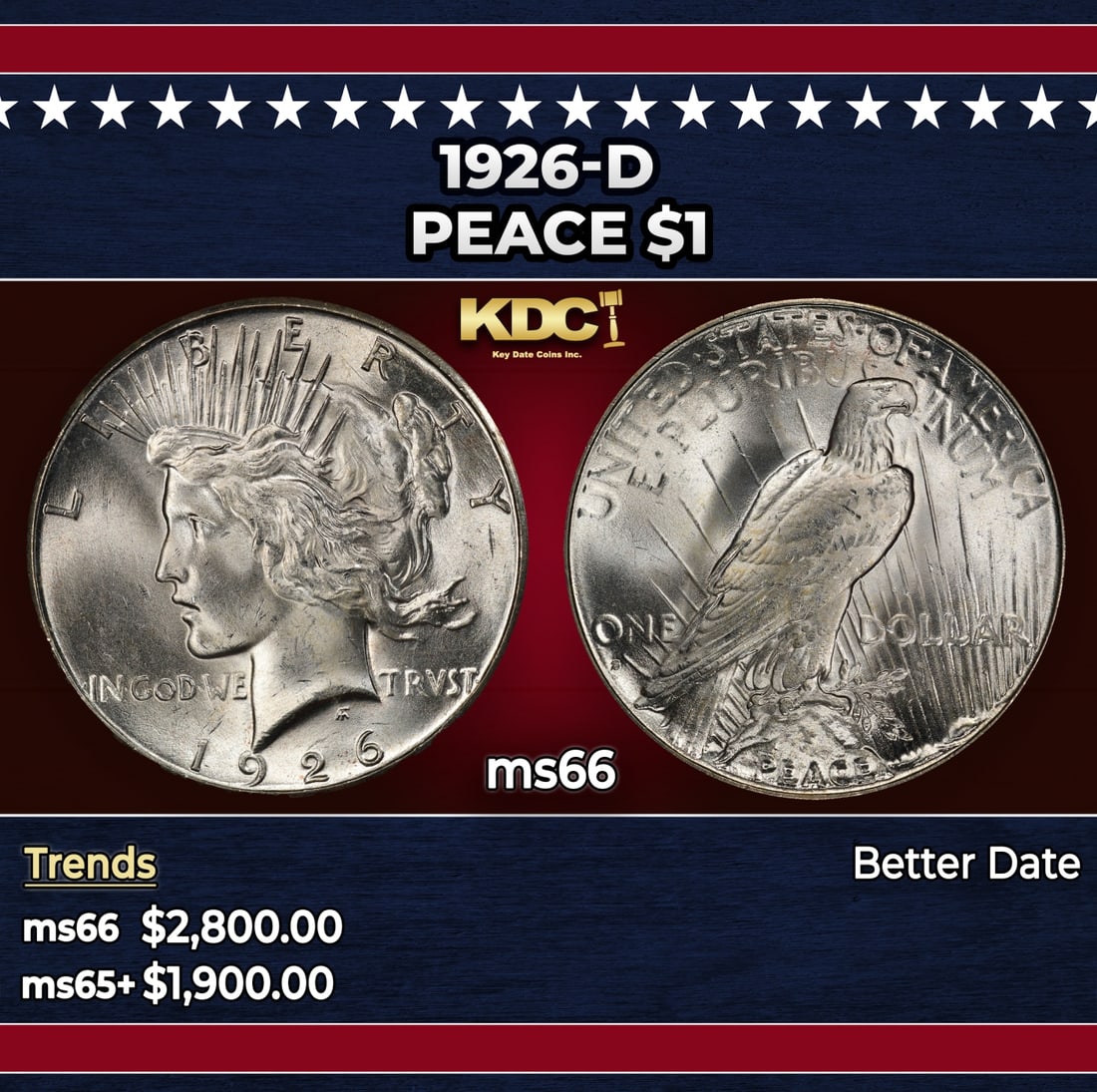 1926-d Peace Dollar $1 ms66 SEGS: 1926-d Peace Dollar $1 ms66 SEGS. Historic precious metal trends is causing increased spot pricing by the day. On auctions with set openings, we are doing our best to have items priced at their market
