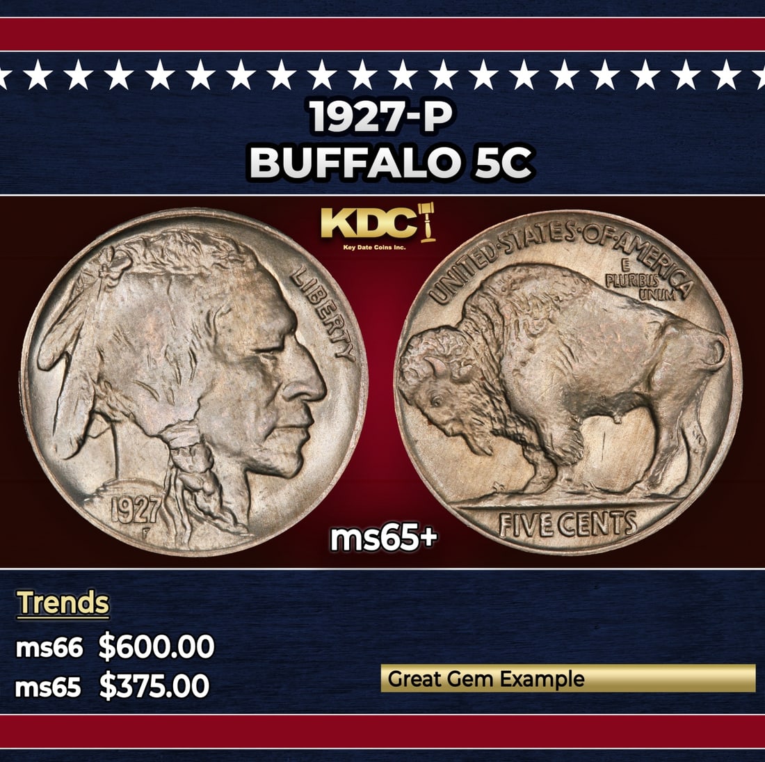 1927-p Buffalo Nickel 5c Grades ms65+ (1 of 3)
