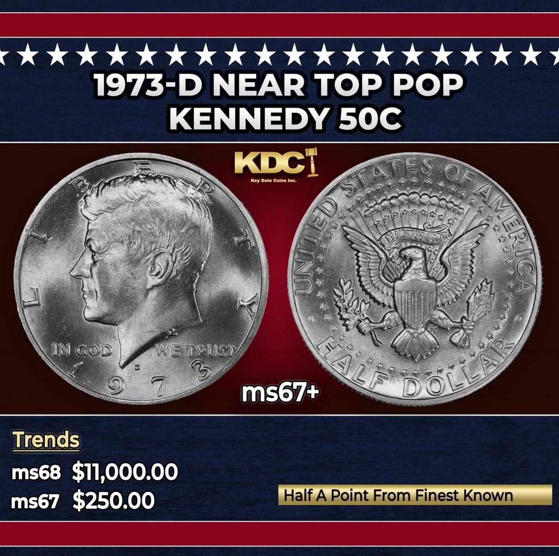 1973-d Kennedy Half Dollar Near Top Pop 50c ms67+ SEGS: 1973-d Near Top Pop Kennedy Half Dollar 50c ms67+ SEGS. Historic precious metal trends is causing increased spot pricing by the day. On auctions with set openings, we are doing our best to have items