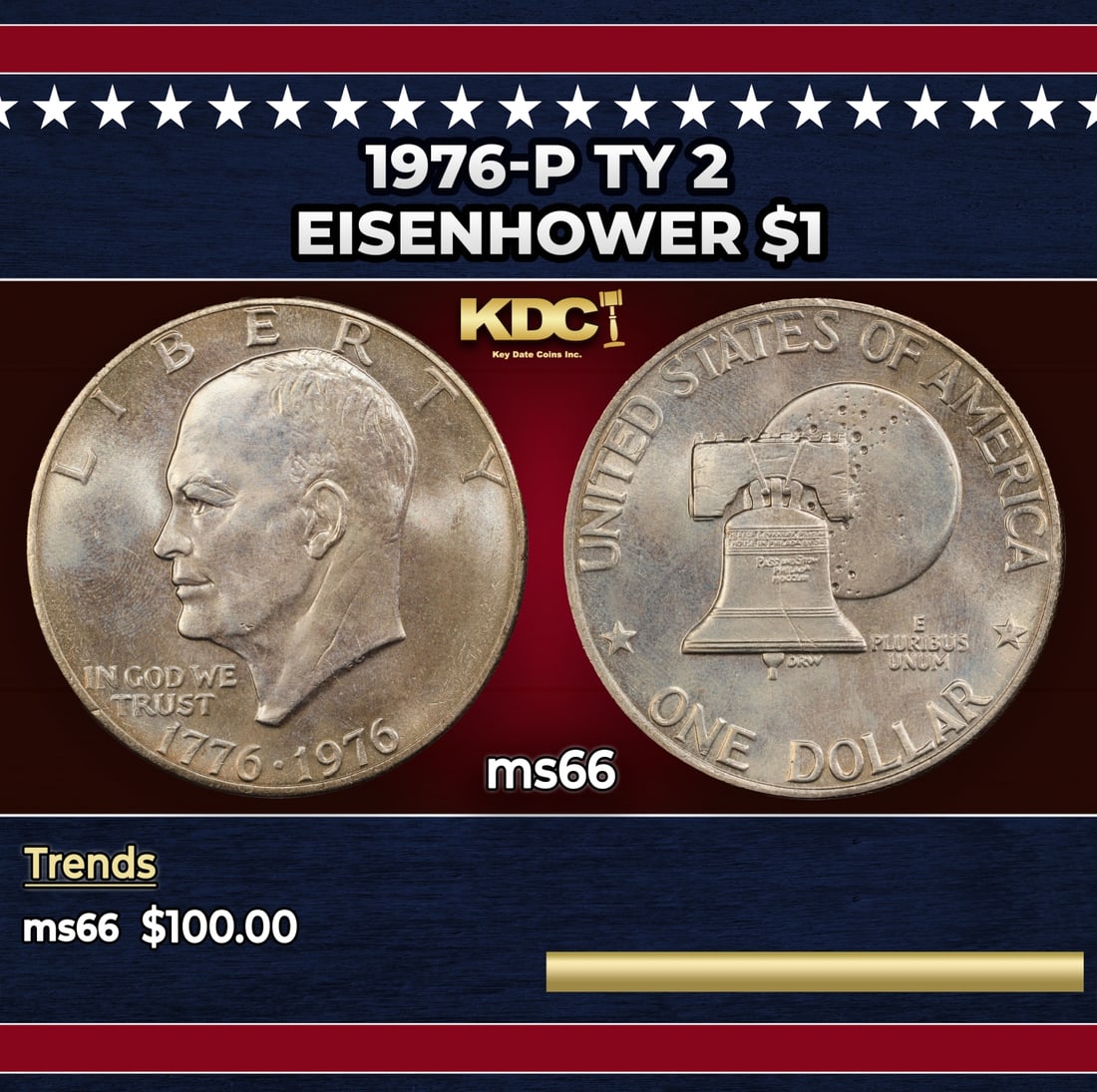 1976-p Ty 2 Eisenhower Dollar $1 ms66 SEGS: 1976-p Ty 2 Eisenhower Dollar $1 ms66 SEGS. Historic precious metal trends is causing increased spot pricing by the day. On auctions with set openings, we are doing our best to have items priced at th
