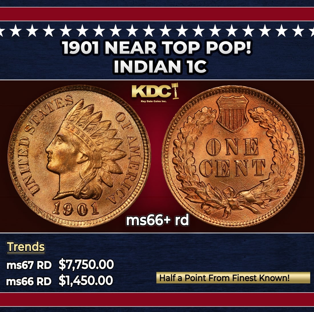 1901 Indian Cent Near Top Pop! 1c ms66+ rd SEGS: 1901 Near Top Pop! Indian Cent 1c ms66+ rd SEGS. Historic precious metal trends is causing increased spot pricing by the day. On auctions with set openings, we are doing our best to have items priced