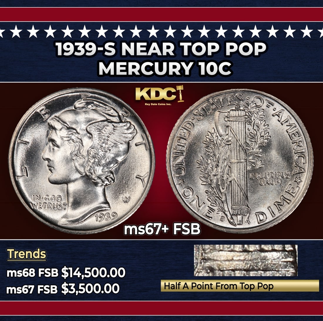 1939-s Mercury Dime Near Top Pop 10c ms67+ FSB SEGS: 1939-s Near Top Pop Mercury Dime 10c ms67+ FSB SEGS. Historic precious metal trends is causing increased spot pricing by the day. On auctions with set openings, we are doing our best to have items pri