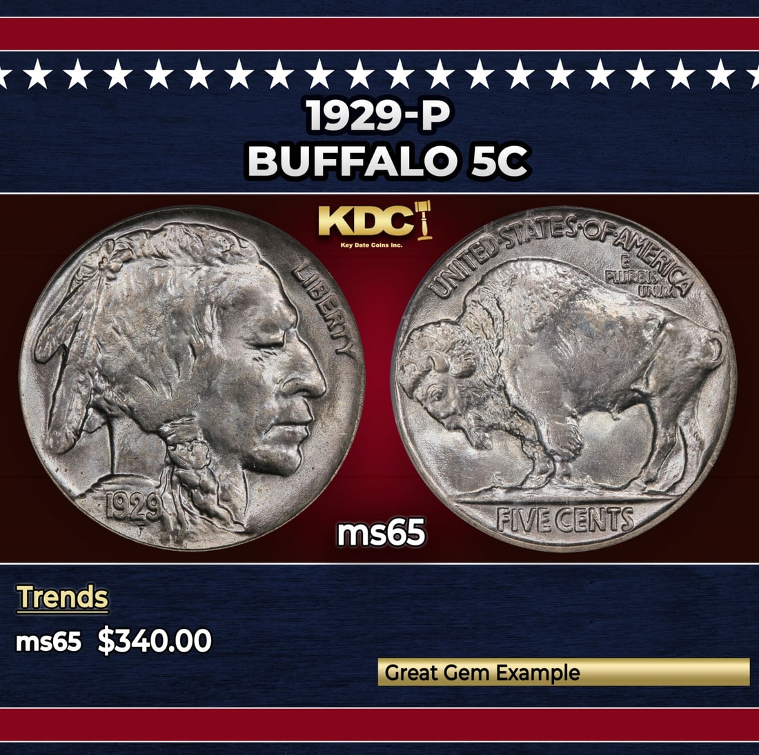 1929-p Buffalo Nickel 5c Grades ms65 (1 of 3)