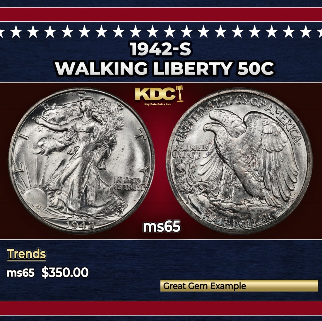 1942-s Walking Liberty Half Dollar 50c Grades ms65: 1942-s Walking Liberty Half Dollar 50c Grades ms65. Historic precious metal trends is causing increased spot pricing by the day. On auctions with set openings, we are doing our best to have items pric