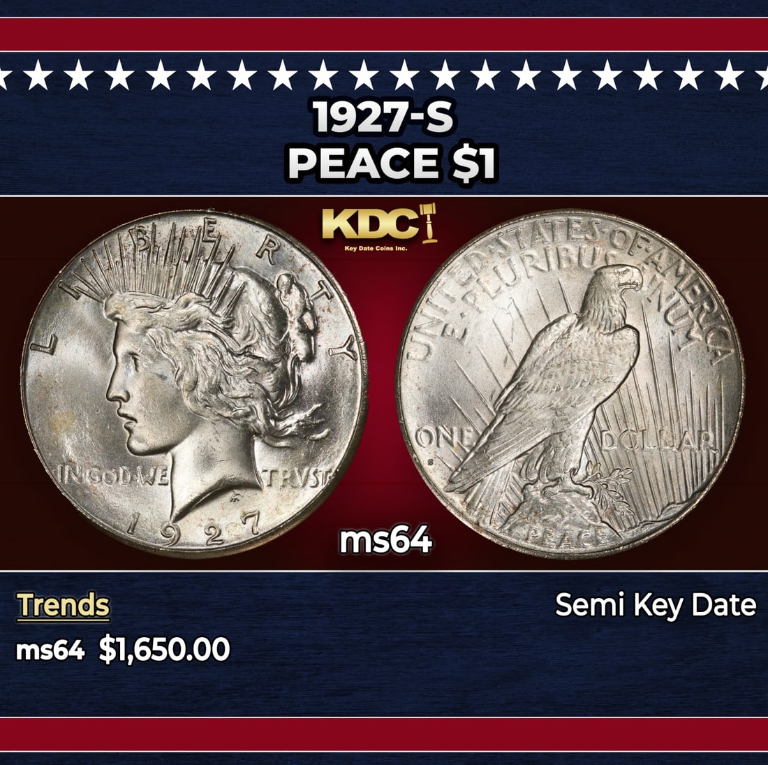 1927-s Peace Dollar $1 ms64 SEGS: 1927-s Peace Dollar $1 ms64 SEGS. Historic precious metal trends is causing increased spot pricing by the day. On auctions with set openings, we are doing our best to have items priced at their market