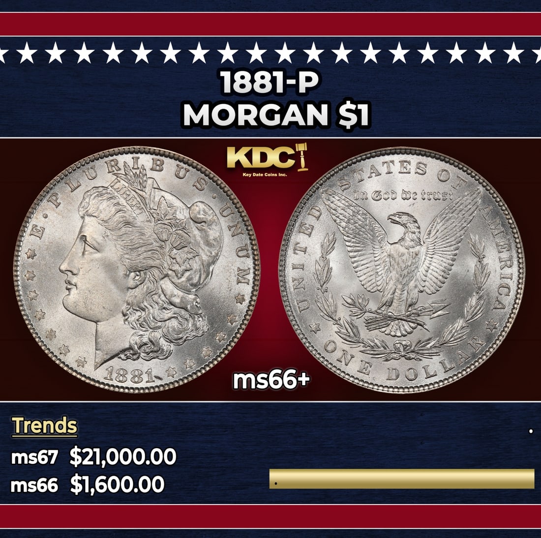 1881-p Morgan Dollar $1 ms66+ SEGS: 1881-p Morgan Dollar $1 ms66+ SEGS. Historic precious metal trends is causing increased spot pricing by the day. On auctions with set openings, we are doing our best to have items priced at their mark