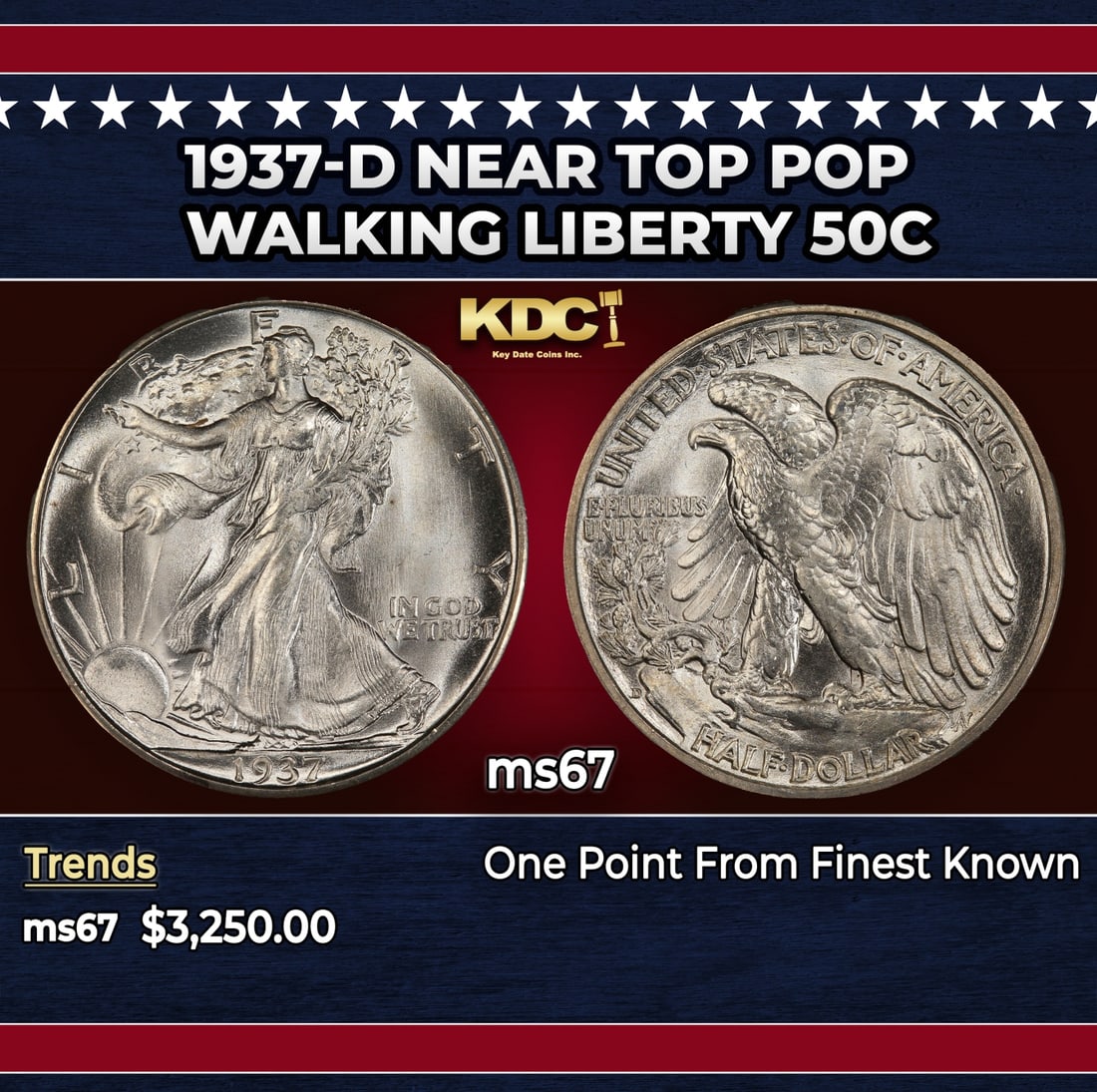1937-d Walking Liberty Half Dollar Near Top Pop 50c ms67 SEGS: 1937-d Near Top Pop Walking Liberty Half Dollar 50c ms67 SEGS. Historic precious metal trends is causing increased spot pricing by the day. On auctions with set openings, we are doing our best to have