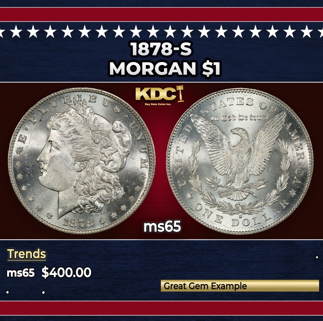 1878-s Morgan Dollar $1 Grades ms65: 1878-s Morgan Dollar $1 Grades ms65. Slightly better date. First year of issue. Historic precious metal trends is causing increased spot pricing by the day. On auctions with set openings, we are doing