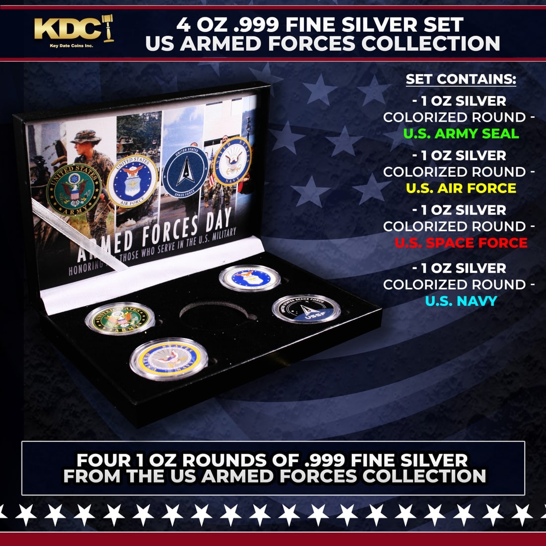 4 OZ .999 Fine Silver Set US Armed Forces Colorized Collection: 4 OZ .999 Fine Silver Set US Armed Forces Colorized Collection. 4 OZ .999 Fine Silver Set US Armed Forces Colorized Collection. This set contains four 1 oz rounds of .999 Fine Silver from The US Armed