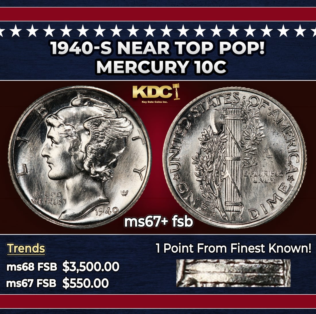 1940-s Mercury Dime Near Top Pop! 10c ms67+ fsb SEGS: 1940-s Near Top Pop! Mercury Dime 10c ms67+ fsb SEGS. Historic precious metal trends is causing increased spot pricing by the day. On auctions with set openings, we are doing our best to have items pr