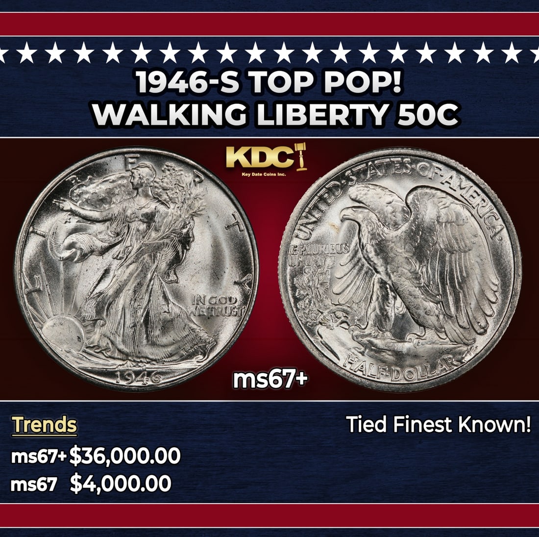 1946-s Walking Liberty Half Dollar TOP POP! 50c ms67+ SEGS: 1946-s TOP POP! Walking Liberty Half Dollar 50c ms67+ SEGS. Historic precious metal trends is causing increased spot pricing by the day. On auctions with set openings, we are doing our best to have it