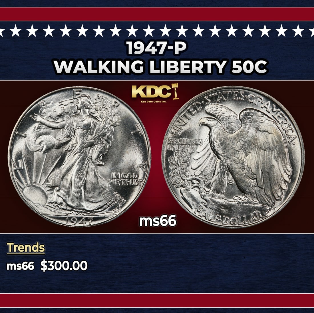 1947-p Walking Liberty Half Dollar 50c Grades ms66 (1 of 3)