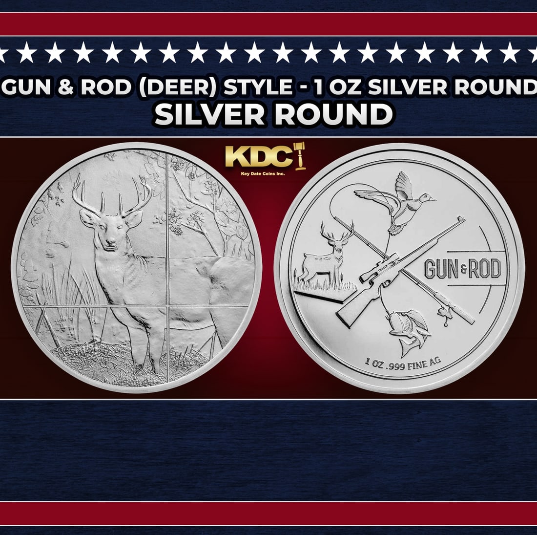 Gun & Rod (Deer) Style - 1 oz Silver Round Round: Gun & Rod (Deer) Style - 1 oz Silver Round. The Gun & Rod series of silver rounds features various animals from the hunting & fishing lifestyle. Perfect for outdoor enthusiasts and collectors alike. C