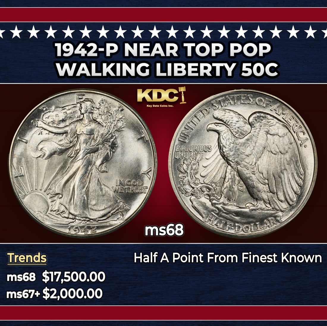 1942-p Walking Liberty Half Dollar Near Top Pop 50c ms68 SEGS: 1942-p Near Top Pop Walking Liberty Half Dollar 50c ms68 SEGS. Historic precious metal trends is causing increased spot pricing by the day. On auctions with set openings, we are doing our best to have