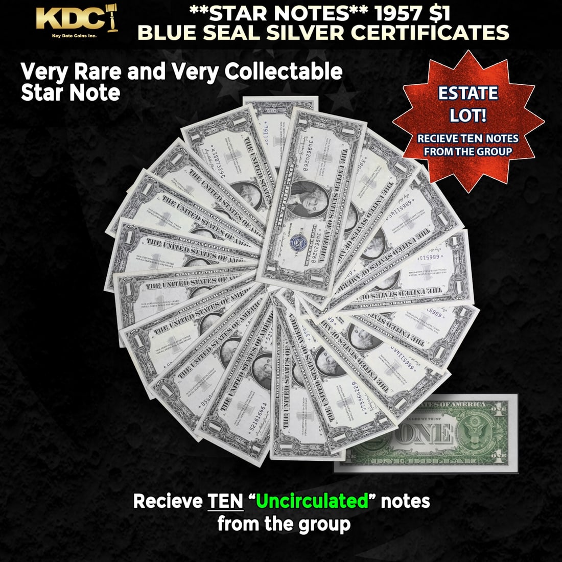 10x **STAR NOTES** 1957 $1 Blue Seal Silver Certificates Grades CU: 10x **STAR NOTES** 1957 $1 Blue Seal Silver Certificates Grades CU. When notes are discovered that have been printed incorrectly (such as having the serial numbers upside down, etc.) the misprinted "e