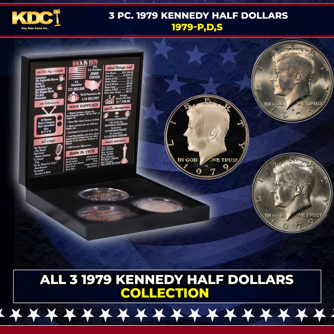 Complete 3 PC. 1979 Kennedy Half Dollar 50c set In Custom Box W/ Special Backer Card BU & Proof: Complete 3 PC. 1979 Kennedy Half Dollar 50c set In Custom Box W/ Special Backer Card BU & Proof COOL!. Please Note All Backer Cards may have slight differences but will be very similar if not identica