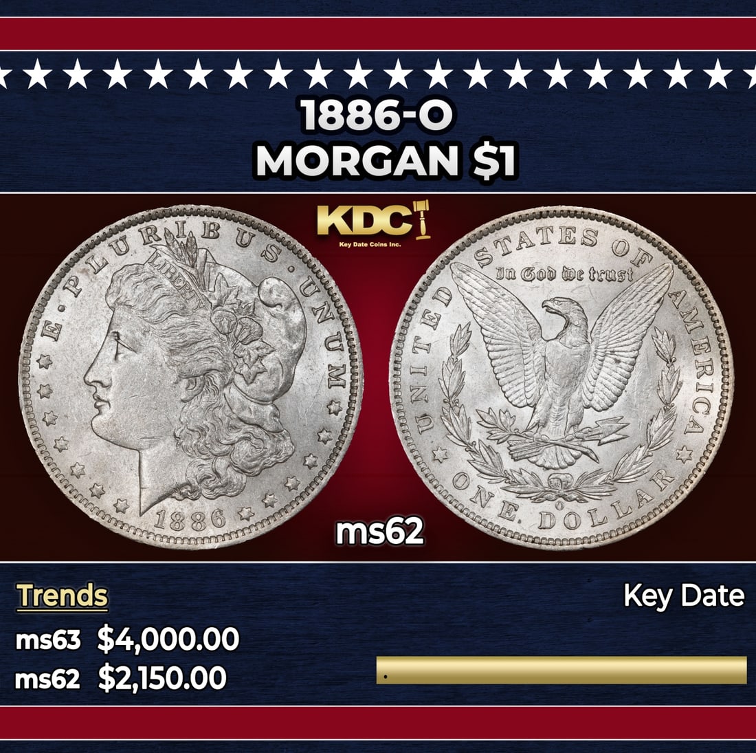 1886-o Morgan Dollar $1 ms62 USCG: 1886-o Morgan Dollar $1 ms62 USCG. Historic precious metal trends is causing increased spot pricing by the day. On auctions with set openings, we are doing our best to have items priced at their marke