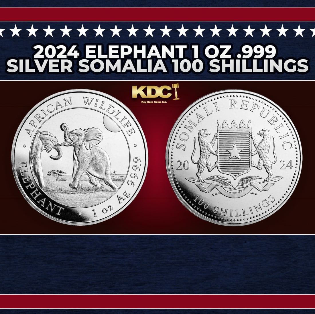 2024 Elephant 1 oz .999 Silver Somalia 100 Shillings Round (1 of 3)