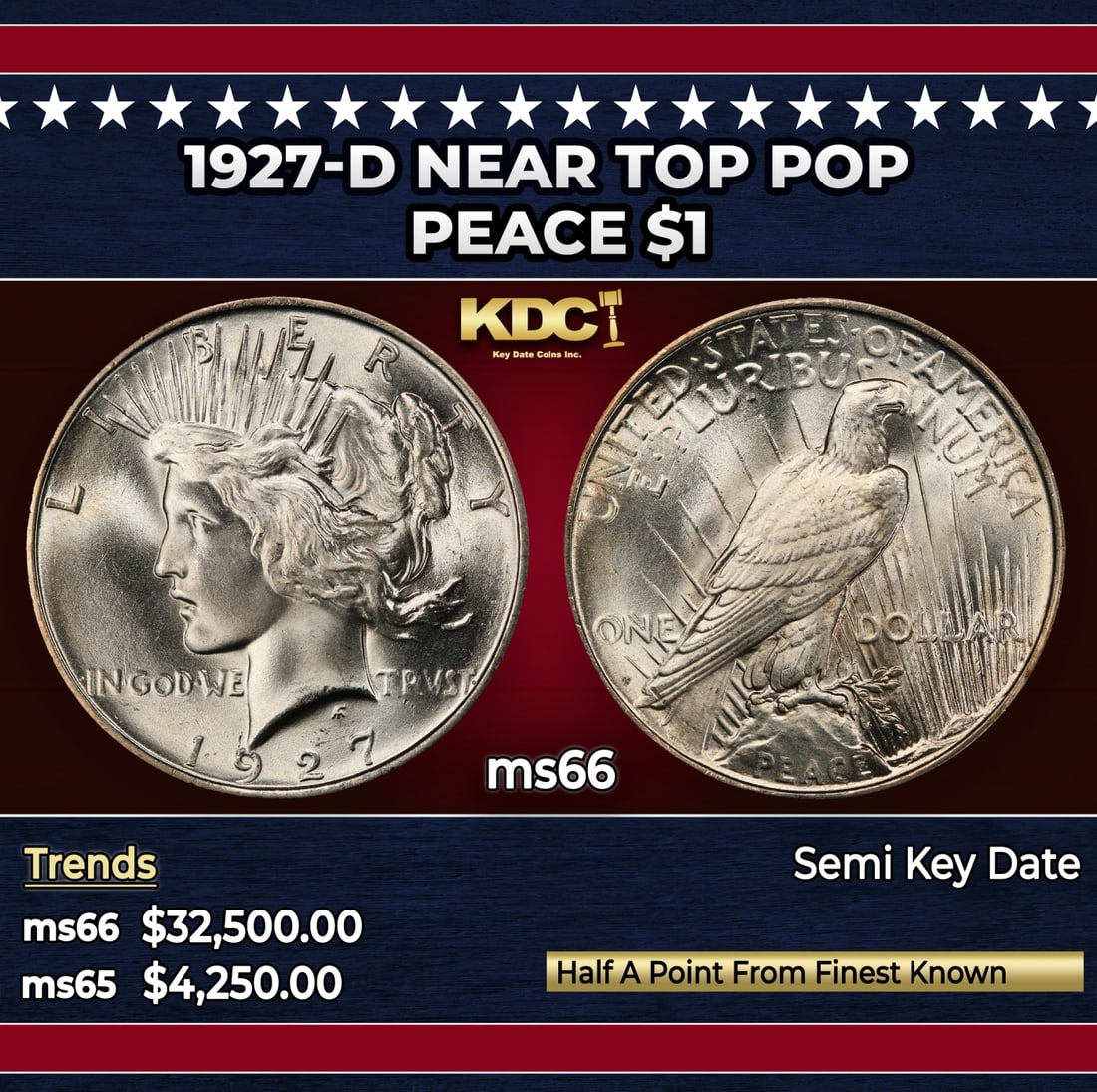 1927-d Peace Dollar Near Top Pop $1 ms66 SEGS: 1927-d Near Top Pop Peace Dollar $1 ms66 SEGS. Historic precious metal trends is causing increased spot pricing by the day. On auctions with set openings, we are doing our best to have items priced at
