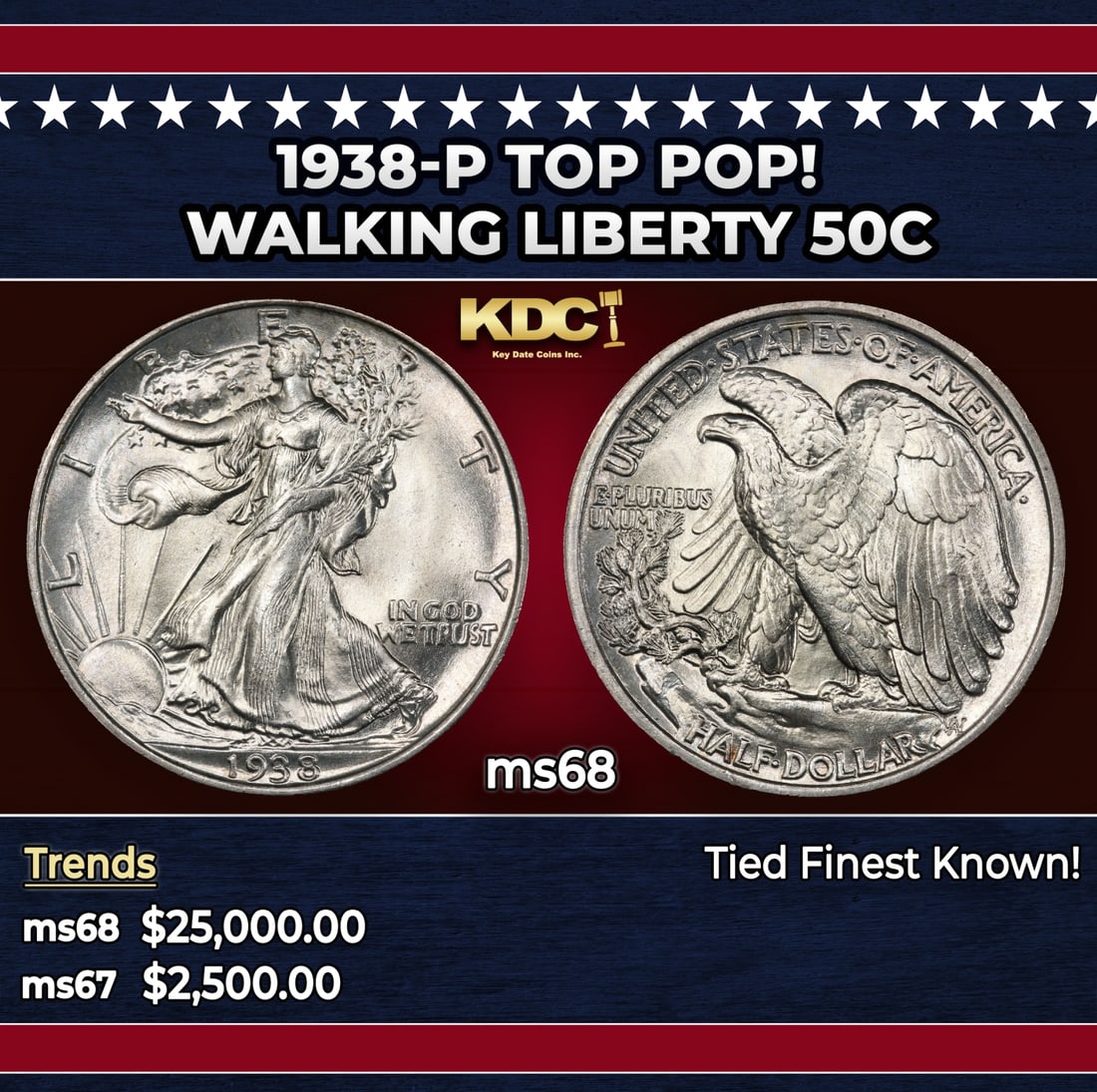 1938-p Walking Liberty Half Dollar TOP POP! 50c ms68 SEGS: 1938-p TOP POP! Walking Liberty Half Dollar 50c ms68 SEGS. Historic precious metal trends is causing increased spot pricing by the day. On auctions with set openings, we are doing our best to have ite