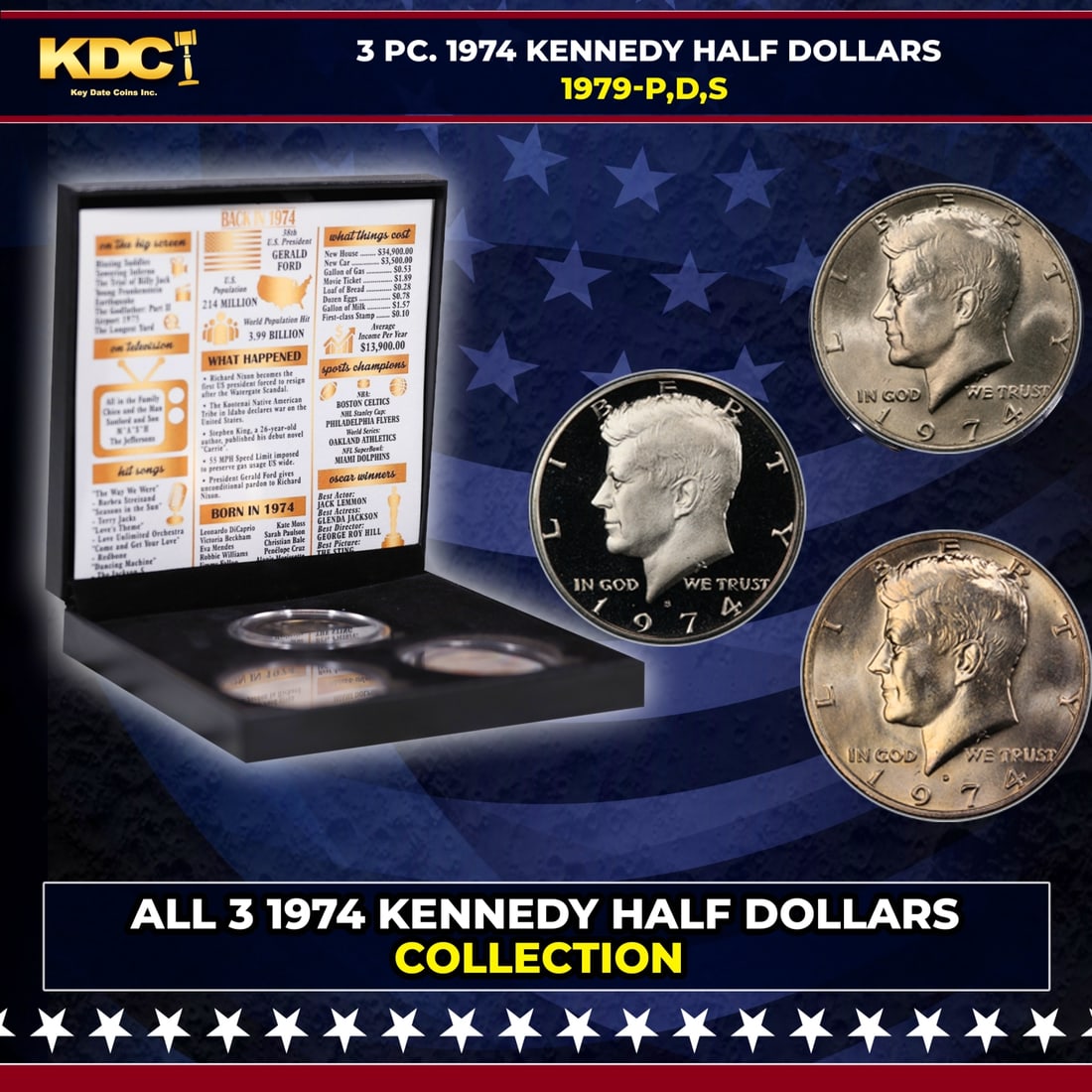 Complete 3 PC. 1974 Kennedy Half Dollar 50c set In Custom Box W/ Special Backer Card BU & Proof (1 of 7)