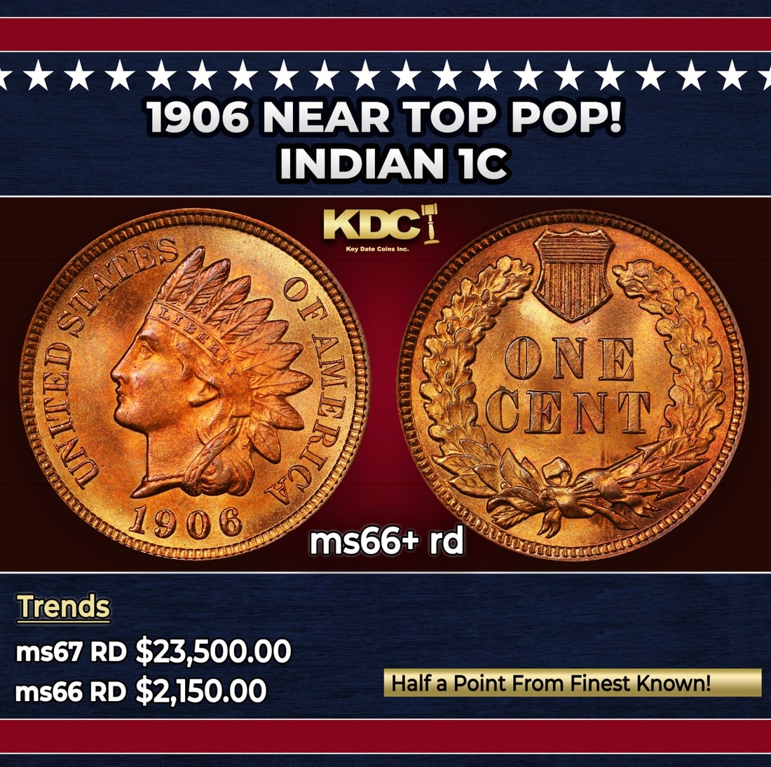 1906 Indian Cent Near Top Pop! 1c ms66+ rd SEGS: 1906 Near Top Pop! Indian Cent 1c ms66+ rd SEGS. Historic precious metal trends is causing increased spot pricing by the day. On auctions with set openings, we are doing our best to have items priced