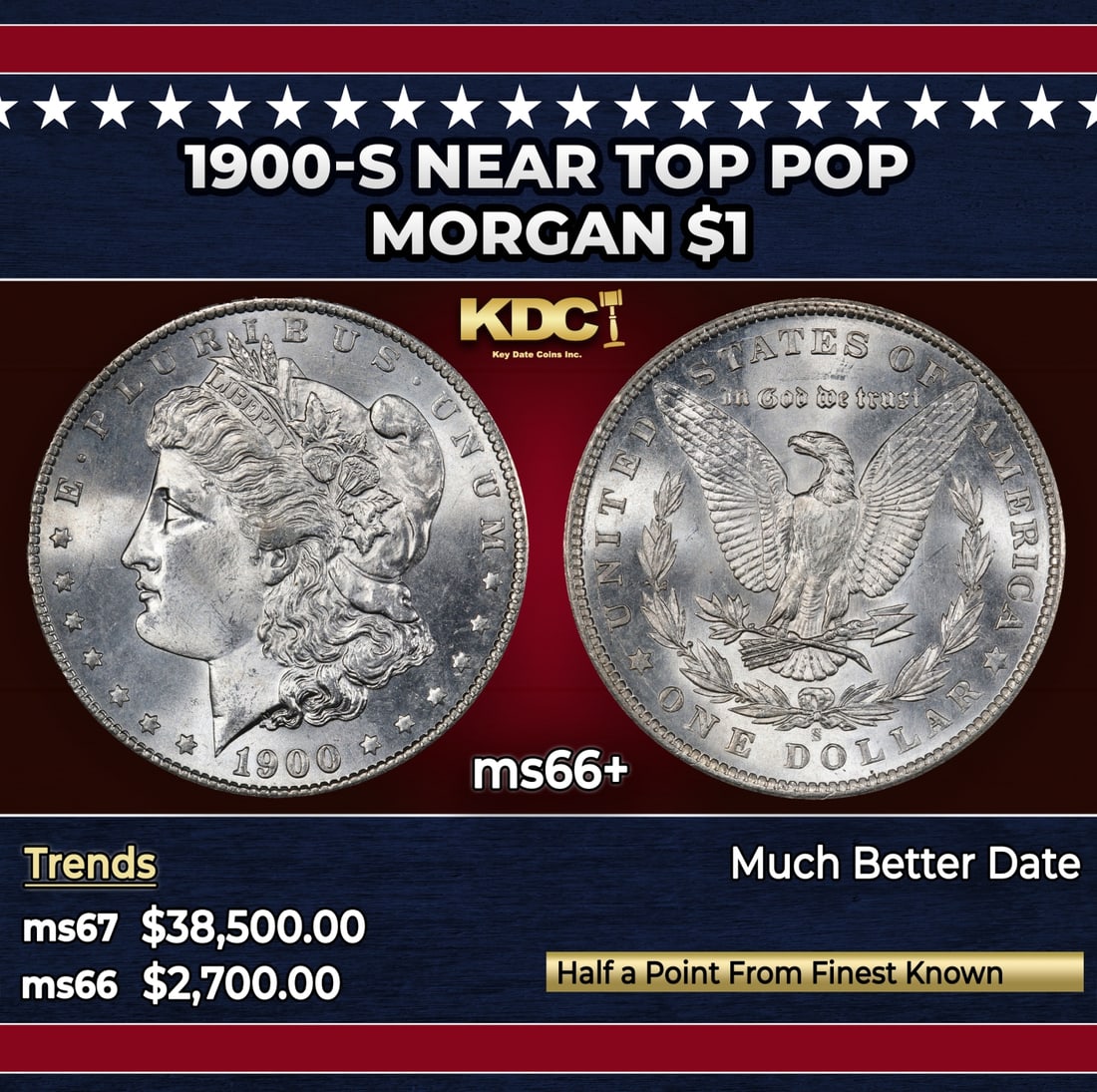 1900-s Morgan Dollar Near Top Pop $1 ms66+ SEGS: 1900-s Near Top Pop Morgan Dollar $1 ms66+ SEGS. Historic precious metal trends is causing increased spot pricing by the day. On auctions with set openings, we are doing our best to have items priced
