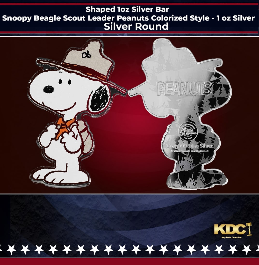 Shaped 1oz Silver Bar - Snoopy Beagle Scout Leader Peanuts Colorized Style - 1 oz Silver Round Round (1 of 3)