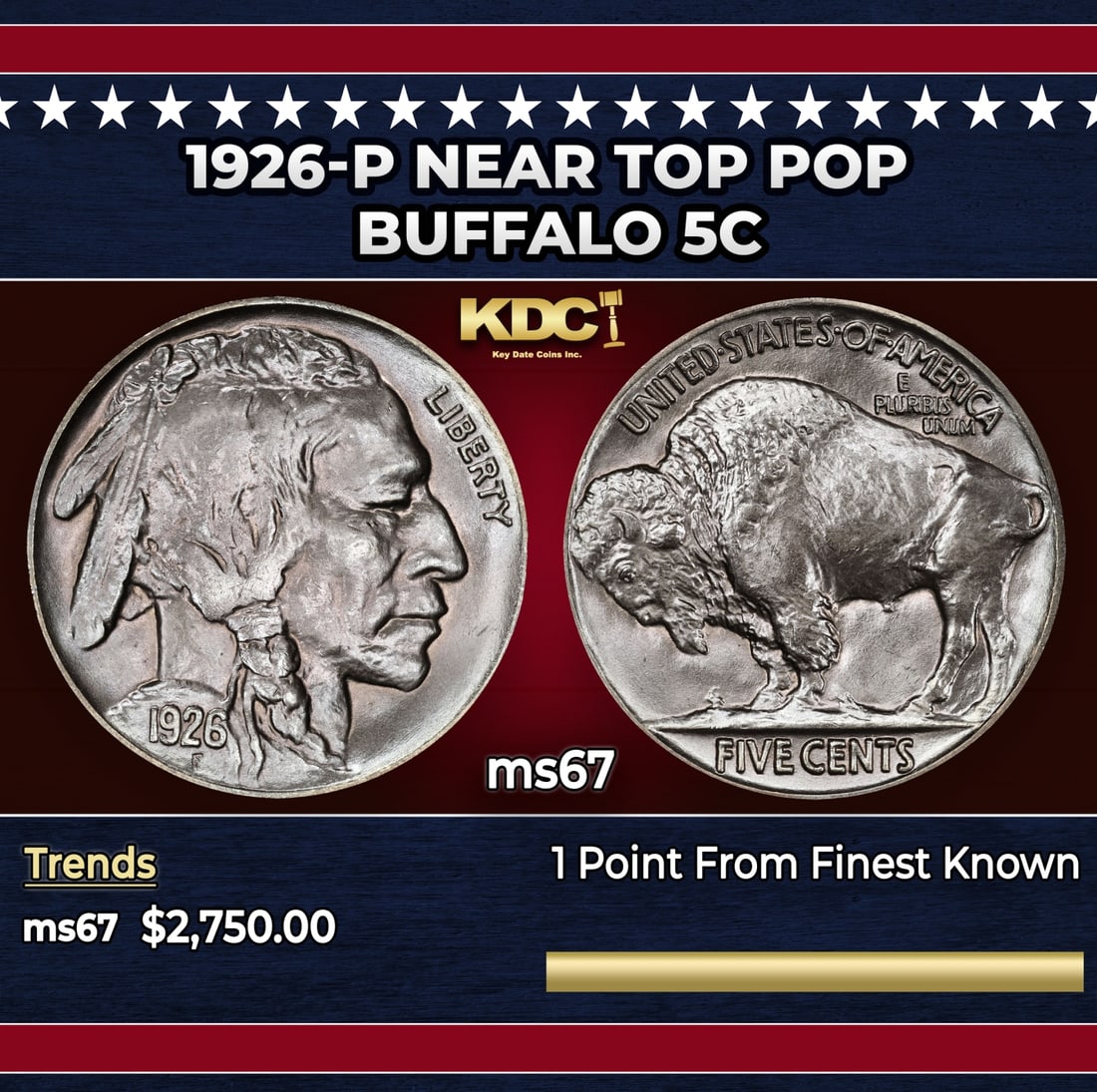 1926-p Buffalo Nickel Near Top Pop 5c ms67 SEGS: 1926-p Near Top Pop Buffalo Nickel 5c ms67 SEGS. Historic precious metal trends is causing increased spot pricing by the day. On auctions with set openings, we are doing our best to have items priced