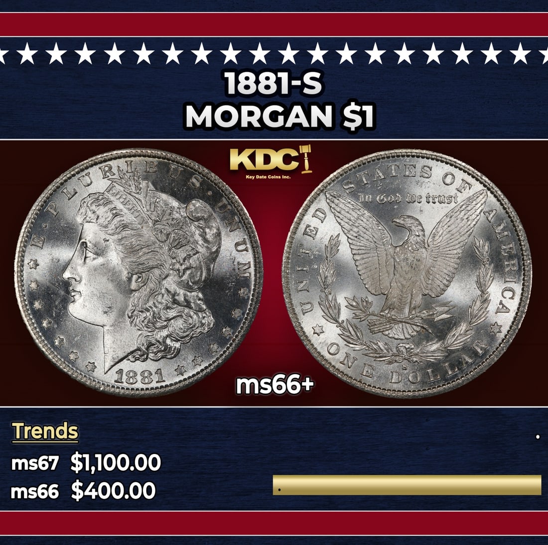1881-s Morgan Dollar $1 ms66+ SEGS: 1881-s Morgan Dollar $1 ms66+ SEGS. Historic precious metal trends is causing increased spot pricing by the day. On auctions with set openings, we are doing our best to have items priced at their mark