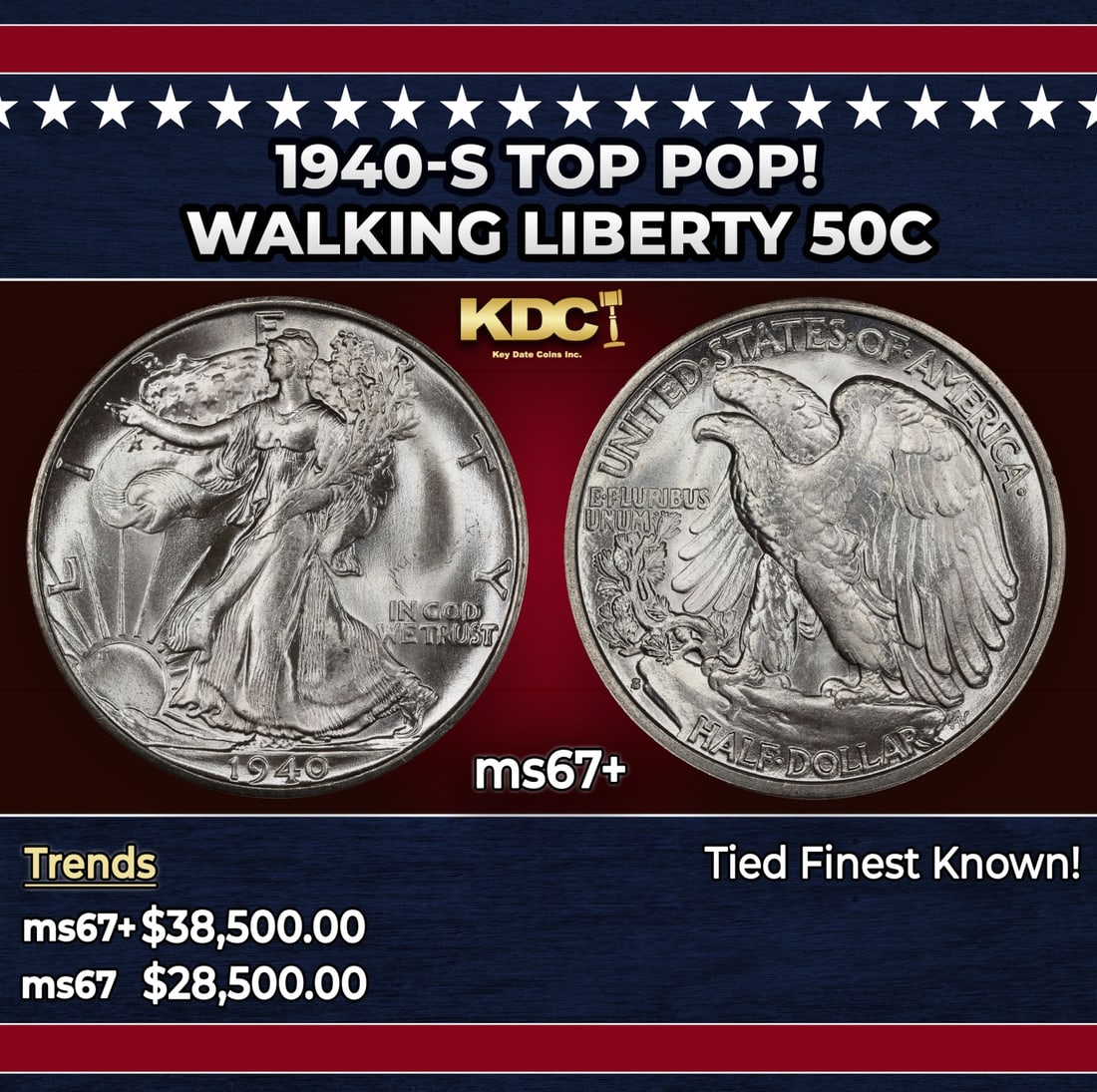 1940-s Walking Liberty Half Dollar TOP POP! 50c ms67+ SEGS: 1940-s TOP POP! Walking Liberty Half Dollar 50c ms67+ SEGS. Historic precious metal trends is causing increased spot pricing by the day. On auctions with set openings, we are doing our best to have it