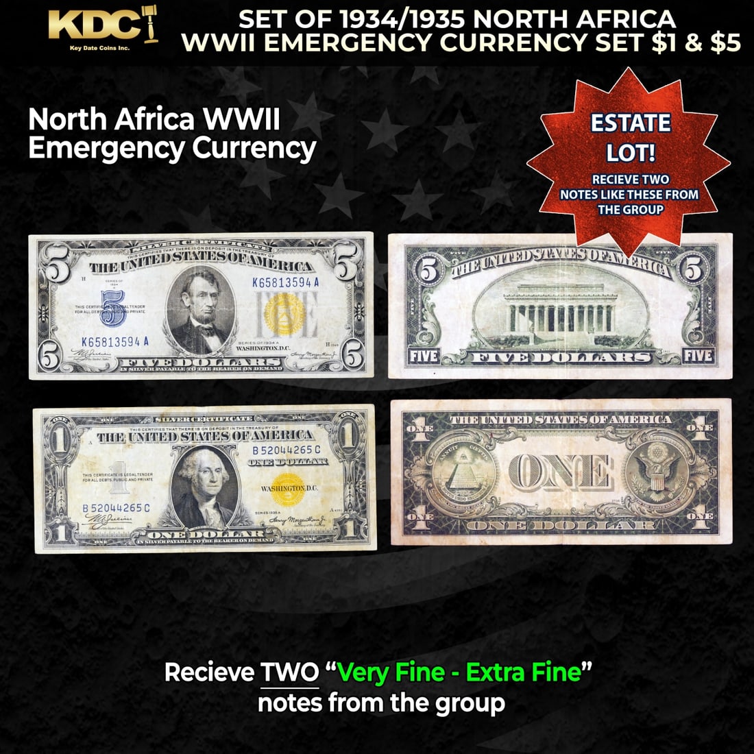 Set of 1934/1935 North Africa WWII Emergency Currency Set $1 & $5 Grades VF/XF (1 of 1)