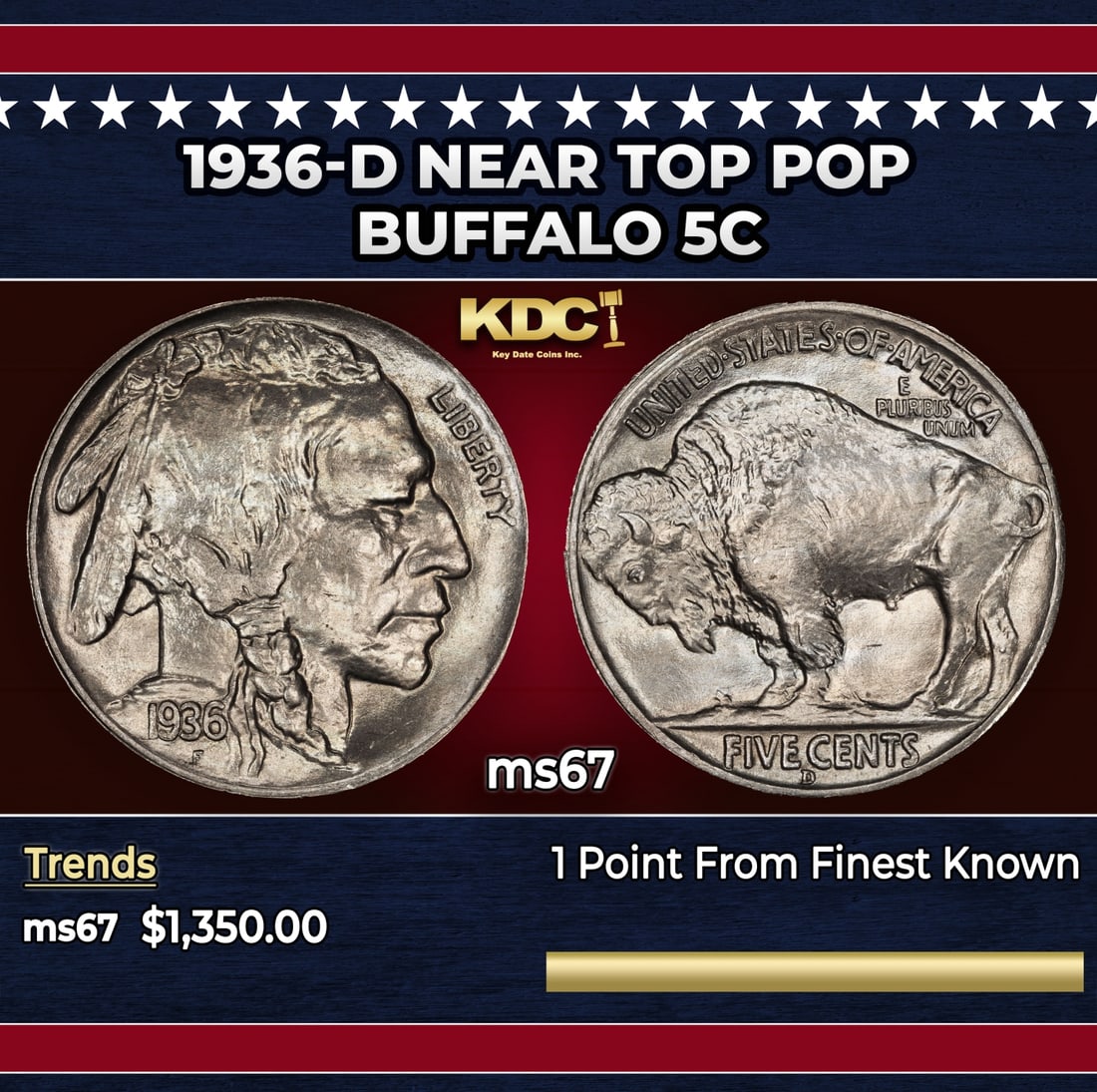 1936-d Buffalo Nickel Near Top Pop 5c ms67 SEGS: 1936-d Near Top Pop Buffalo Nickel 5c ms67 SEGS. Historic precious metal trends is causing increased spot pricing by the day. On auctions with set openings, we are doing our best to have items priced