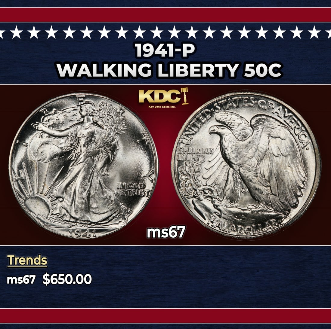 1941-p Walking Liberty Half Dollar 50c ms67 SEGS: 1941-p Walking Liberty Half Dollar 50c ms67 SEGS. Historic precious metal trends is causing increased spot pricing by the day. On auctions with set openings, we are doing our best to have items priced