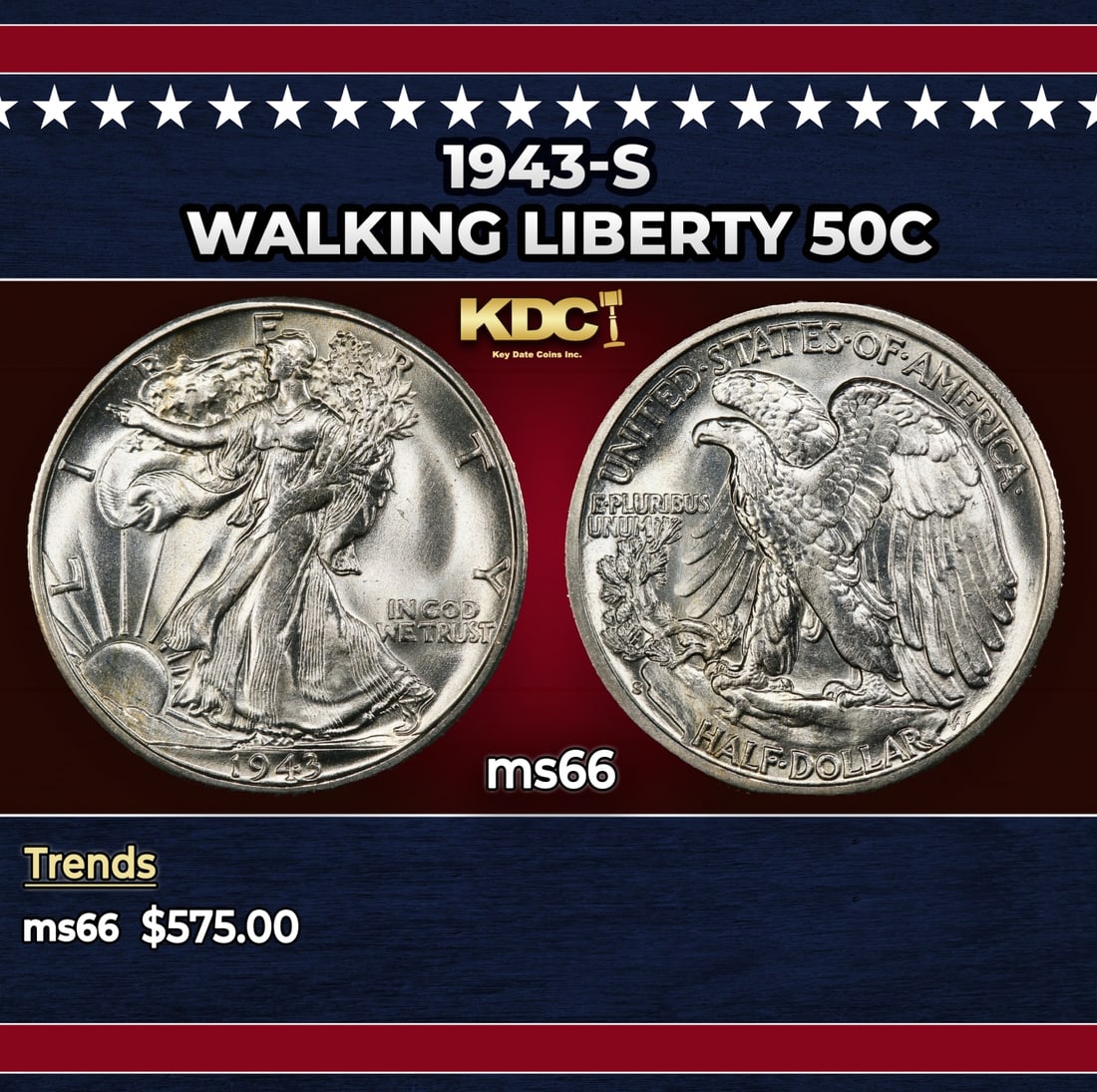 1943-s Walking Liberty Half Dollar 50c Grades ms66 (1 of 3)