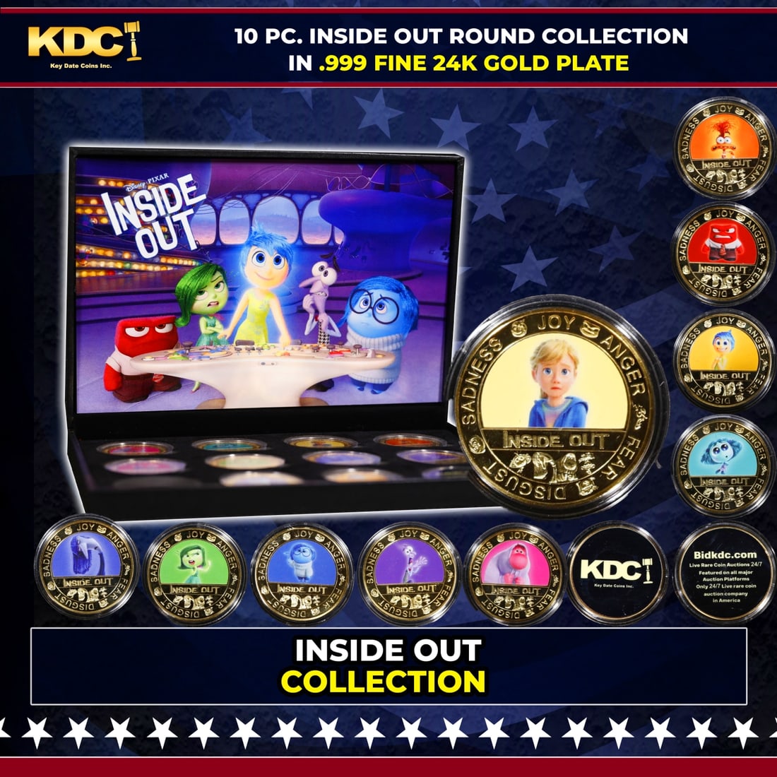 10 Coin Disney Pixar Inside Out Gold Plated Round Collection: 10 Coin Disney Pixar Inside Out Gold Plated Round Collection. Please Note All Backer Cards may have slight differences but will be very similar if not identical to the one in the photoHistoric preciou