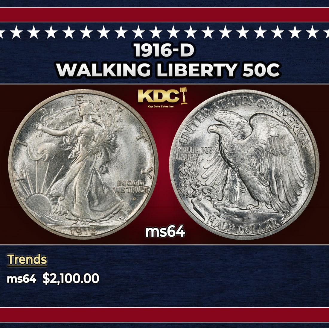 1916-d Walking Liberty Half Dollar 50c ms64 SEGS: 1916-d Walking Liberty Half Dollar 50c ms64 SEGS. Historic precious metal trends is causing increased spot pricing by the day. On auctions with set openings, we are doing our best to have items priced