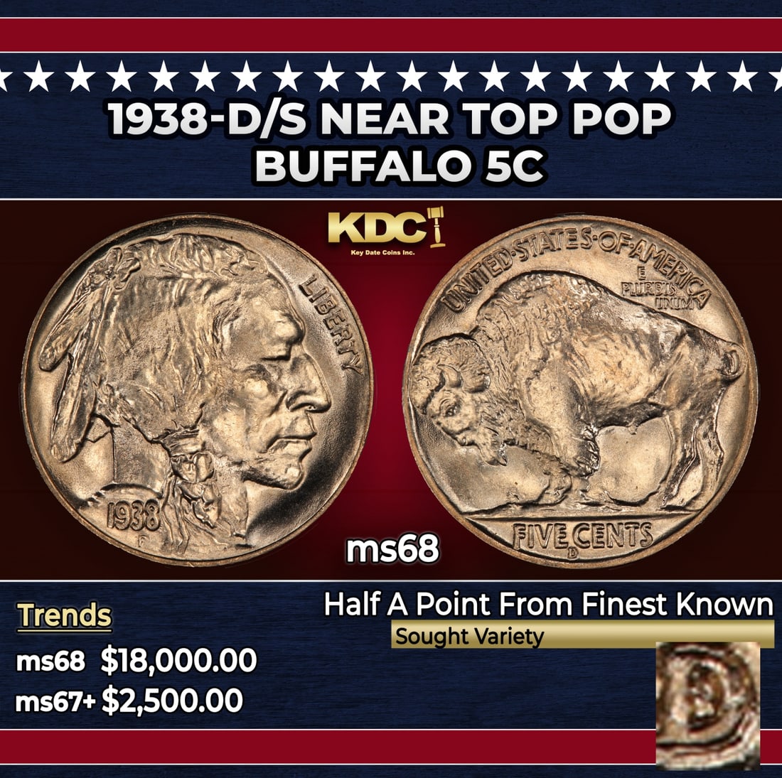 1938-d/s Buffalo Nickel Near Top Pop 5c ms68 SEGS: 1938-d/s Near Top Pop Buffalo Nickel 5c ms68 SEGS. Historic precious metal trends is causing increased spot pricing by the day. On auctions with set openings, we are doing our best to have items price