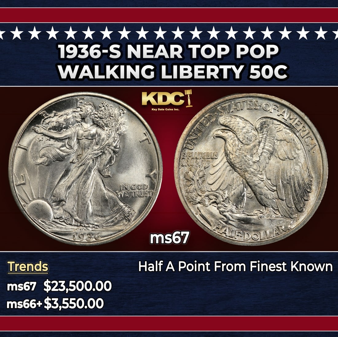 1936-s Walking Liberty Half Dollar Near Top Pop 50c ms67 SEGS: 1936-s Near Top Pop Walking Liberty Half Dollar 50c ms67 SEGS. Historic precious metal trends is causing increased spot pricing by the day. On auctions with set openings, we are doing our best to have