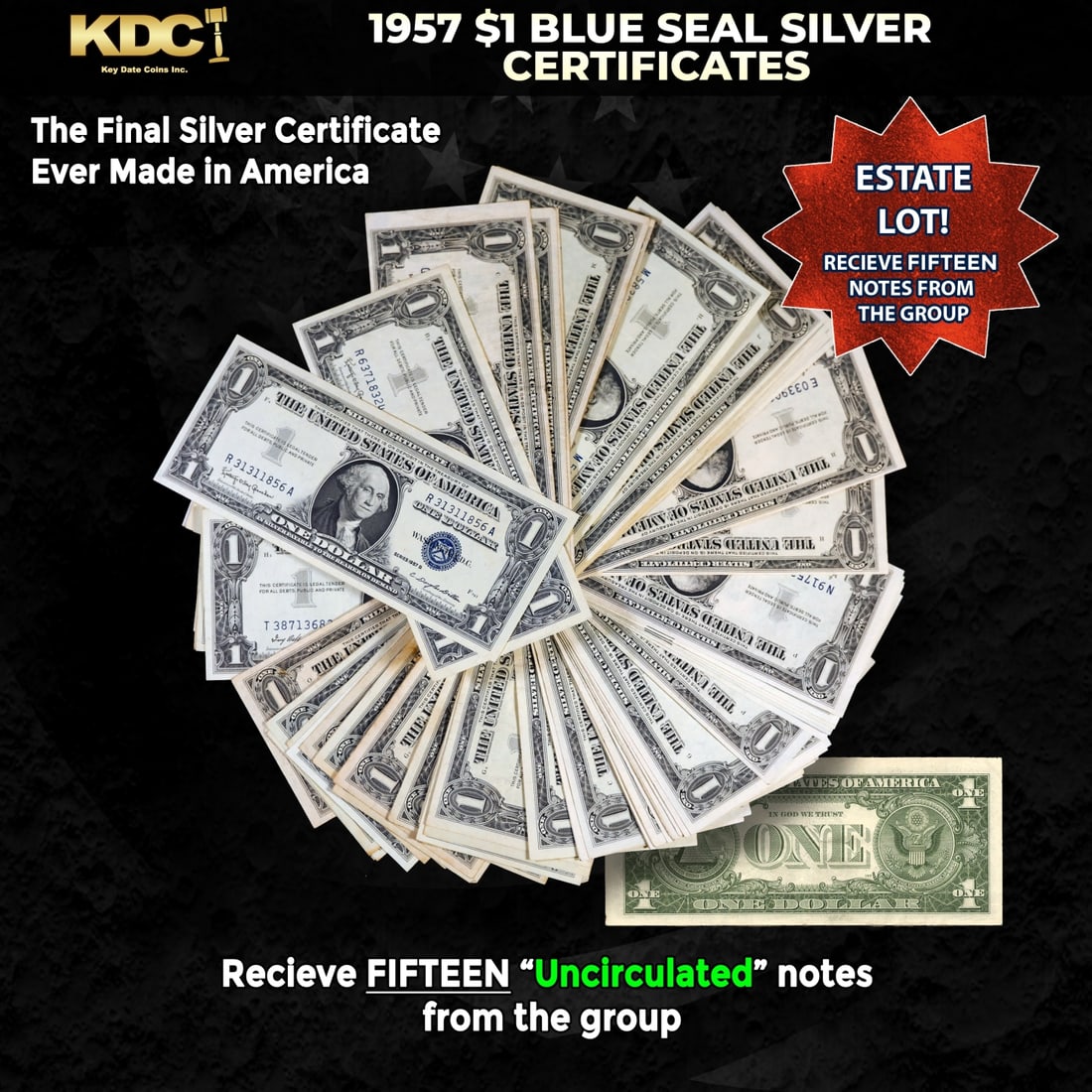 15x 1957 $1 Blue Seal Silver Certificates Grades CU: 15x 1957 $1 Blue Seal Silver Certificates Grades CU. Silver Certificates were redeemable in Silver. One of their most distinctive qualities is the blue Treasury seal and serial numbers. These notes in
