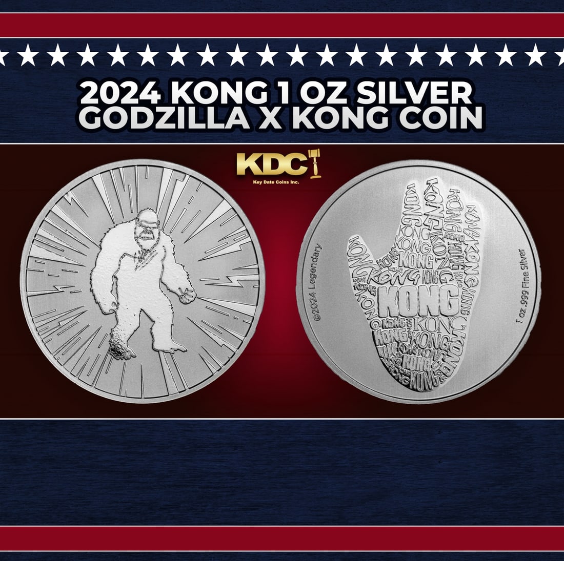 2024 Kong 1 oz Silver Godzilla x Kong Coin Round: 2024 Kong 1 oz Silver Godzilla x Kong Coin. Celebrate the release of Godzilla x Kong: The New Empire with this unique silver round. Add the indomitable Kong to your collection today! Contains 1 oz of