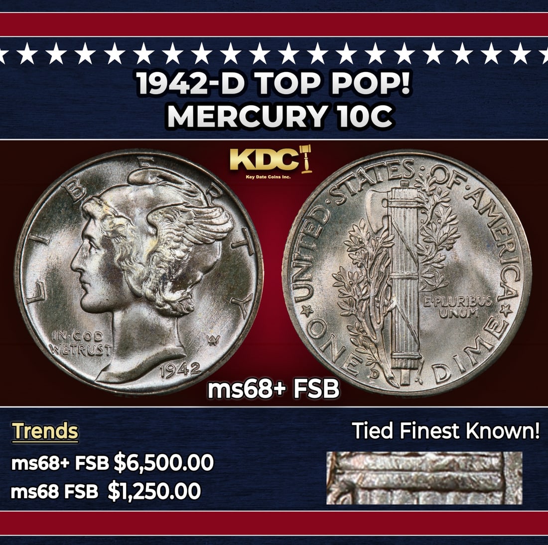 1942-d Mercury Dime TOP POP! 10c ms68+ FSB USCG: 1942-d TOP POP! Mercury Dime 10c ms68+ FSB USCG. Historic precious metal trends is causing increased spot pricing by the day. On auctions with set openings, we are doing our best to have items priced