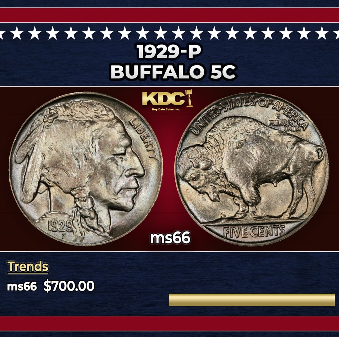 1929-p Buffalo Nickel 5c Grades ms66: 1929-p Buffalo Nickel 5c Grades ms66. Historic precious metal trends is causing increased spot pricing by the day. On auctions with set openings, we are doing our best to have items priced at their ma