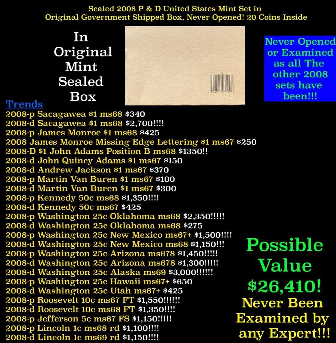 Sealed 2008 United States Mint Set in Original Government Shipped Box, Never Opened! 28 Coins: Sealed 2008 United States Mint Set in Original Government Shipped Box, Never Opened! 28 Coins Inside!. 2008 US Mint Uncirculated Coin Set - 28 coins total. This mint set contains two packets, one from
