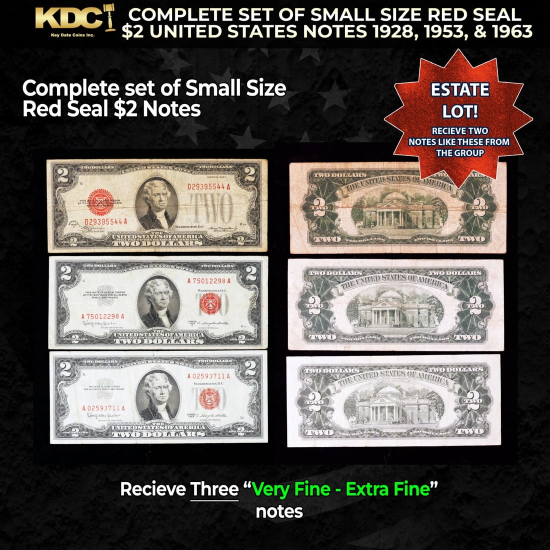 Complete Set Of Small Size Red Seal $2 United States Notes 1928, 1953, & 1963 Grades VF/XF (1 of 1)