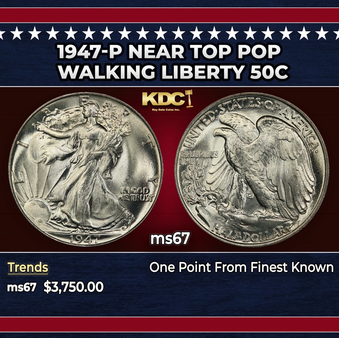 1947-p Walking Liberty Half Dollar Near Top Pop 50c ms67 SEGS: 1947-p Near Top Pop Walking Liberty Half Dollar 50c ms67 SEGS. Historic precious metal trends is causing increased spot pricing by the day. On auctions with set openings, we are doing our best to have