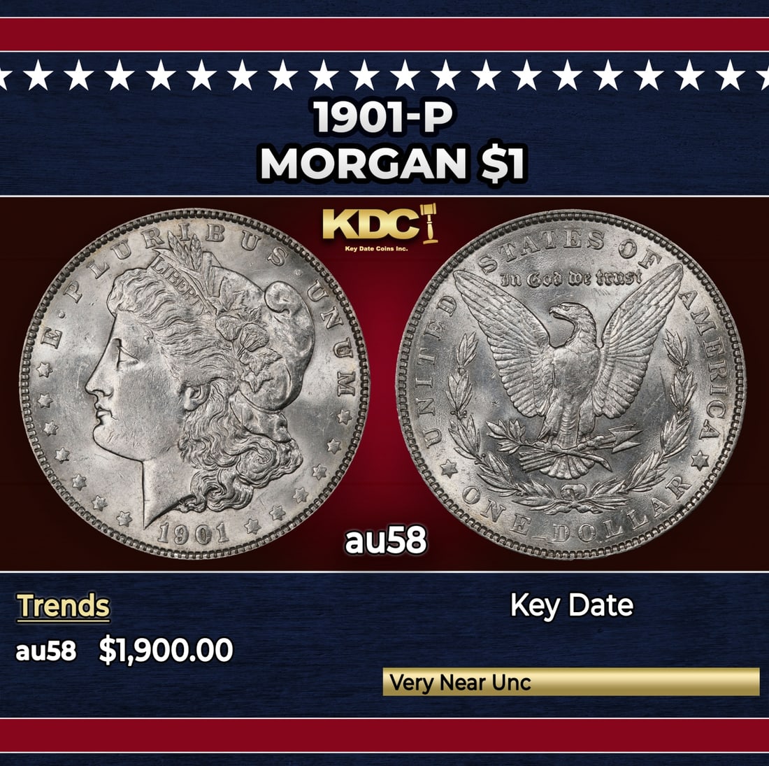 1901-p Morgan Dollar $1 au58 SEGS: 1901-p Morgan Dollar $1 au58 SEGS. Historic precious metal trends is causing increased spot pricing by the day. On auctions with set openings, we are doing our best to have items priced at their marke